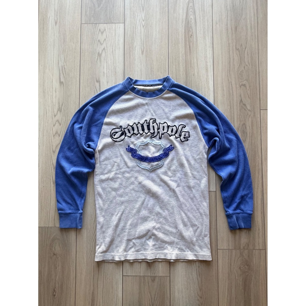 Vintage Southpole Thermal Shirt Mens Medium Blue Grey Raglan Embroidered Y2K